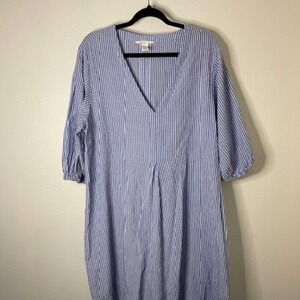 H&M Blue White Striped V Neck Midi Dress Puff Sleeve Elastic Cuff Casual XL